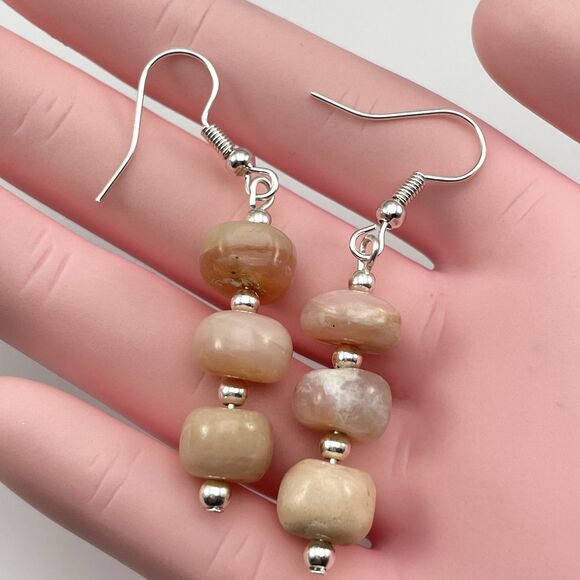 Stunning Pink Opal Round Beaded Dangle Earrings Silver Tone Boho Classic Cute - Picture 5 of 6